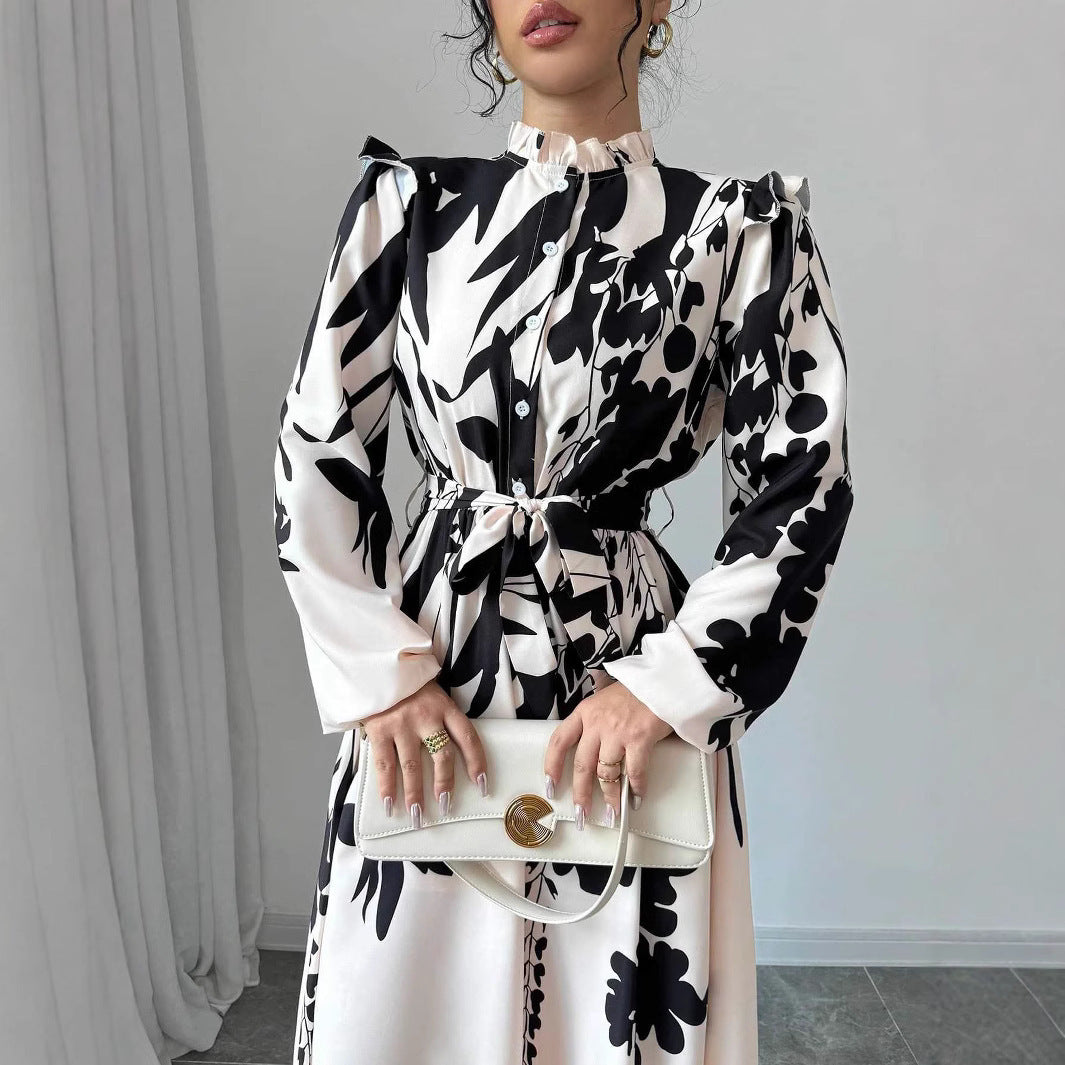 robe longue, élégante, motif floral, ceinture ajustable