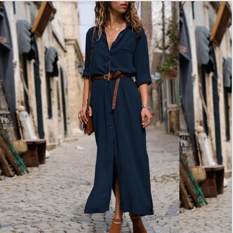 Robe Longue Femme à Manches Longues avec Ceinture