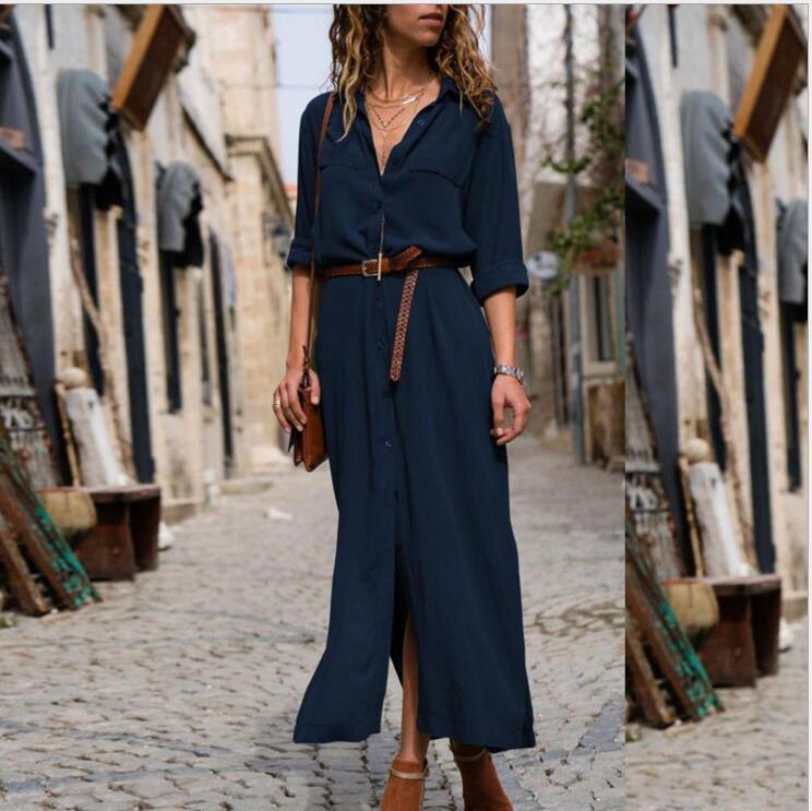 Robe Longue Femme à Manches Longues avec Ceinture