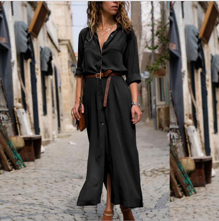 Robe Longue Femme à Manches Longues avec Ceinture