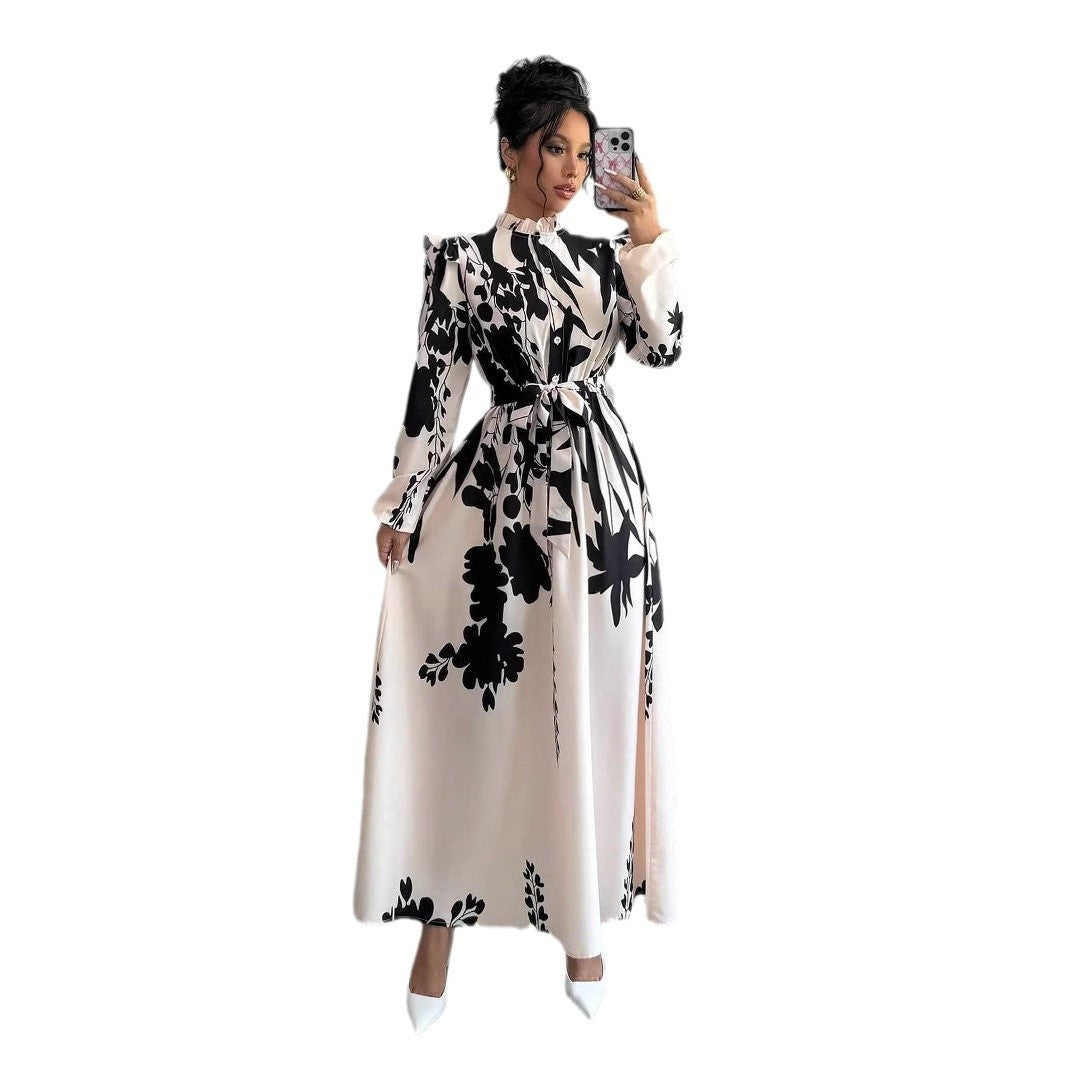 robe longue, élégante, motif floral, ceinture ajustable