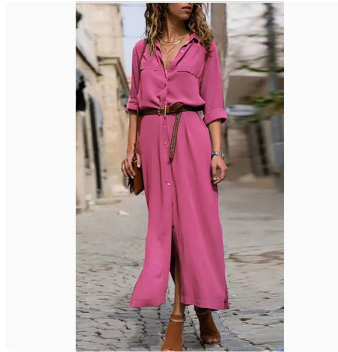 Robe Longue Femme à Manches Longues avec Ceinture