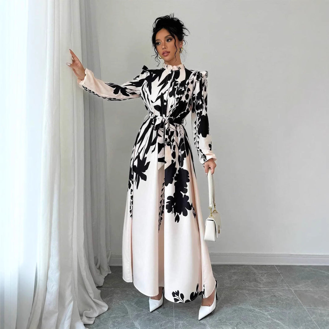 robe longue, élégante, motif floral, ceinture ajustable