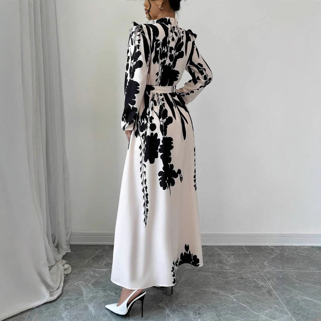 robe longue, élégante, motif floral, ceinture ajustable