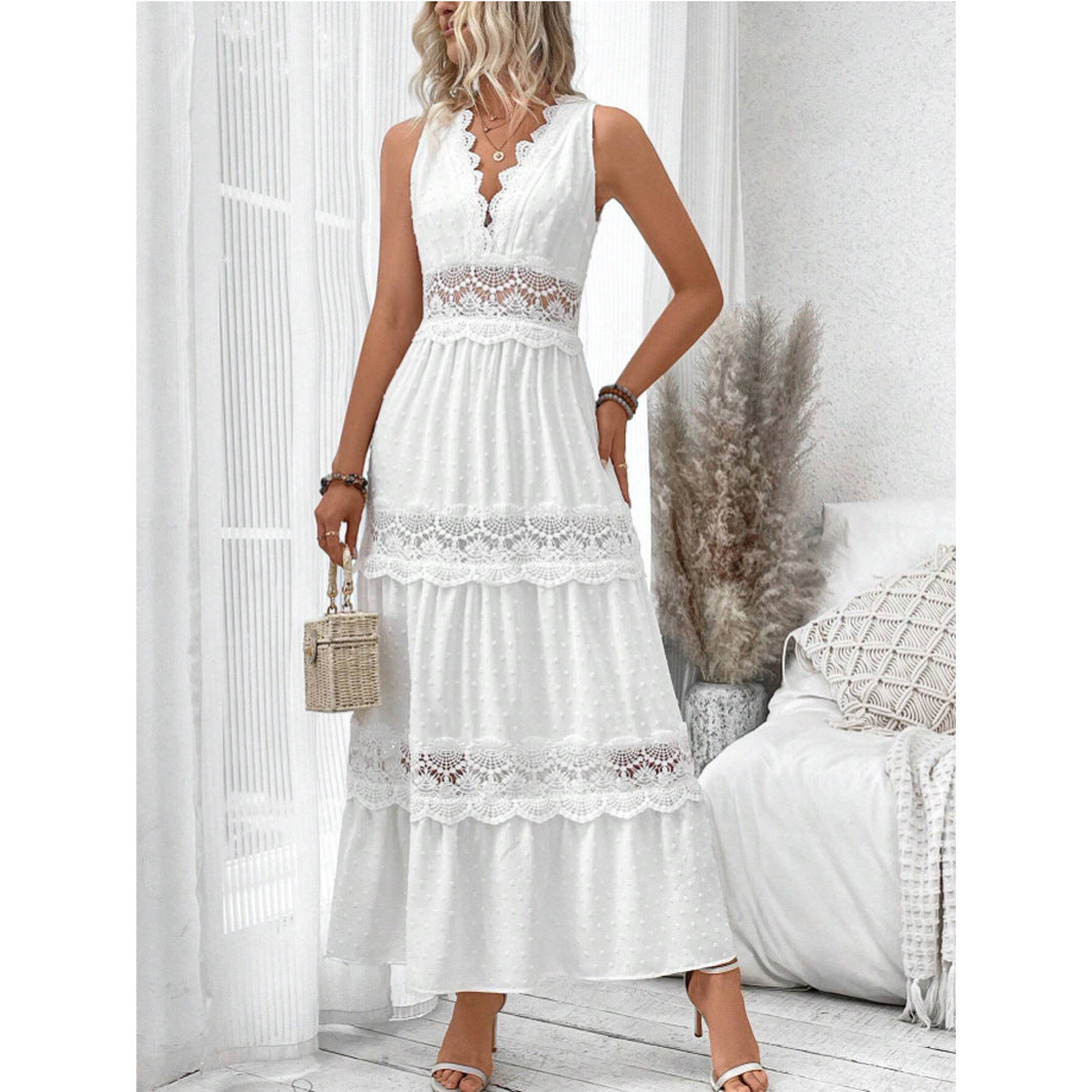 Robe Femme Sans Manches en Dentelle à Col en V