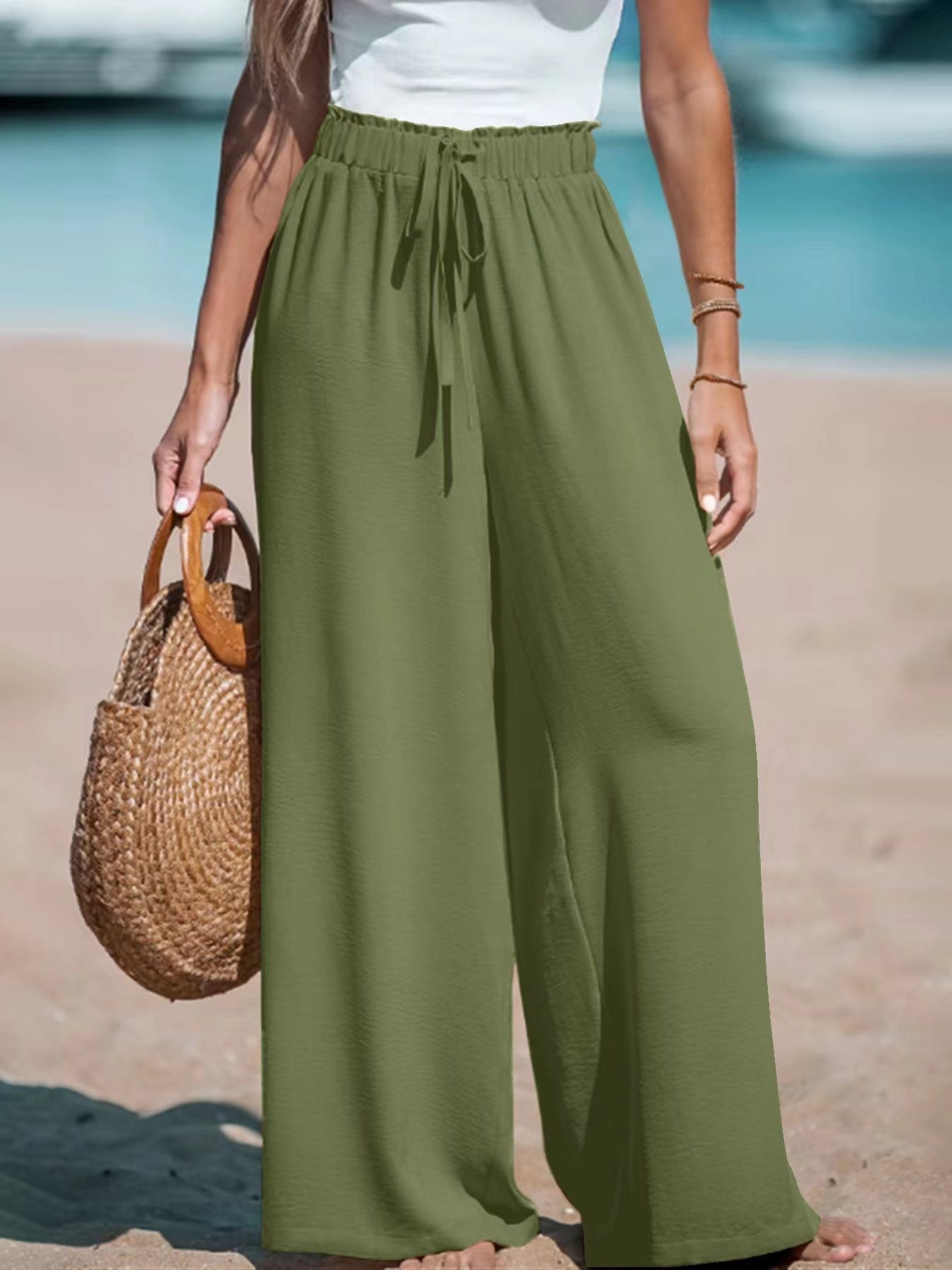Pantalon Large Décontracté Femme à Cordon Décoratif