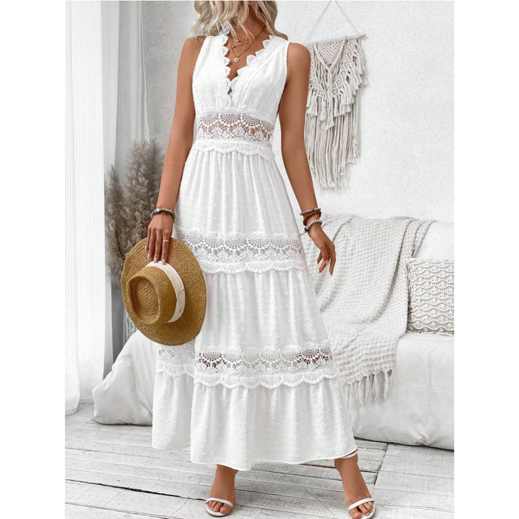 Robe Femme Sans Manches en Dentelle à Col en V