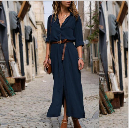 Robe Longue Femme à Manches Longues avec Ceinture