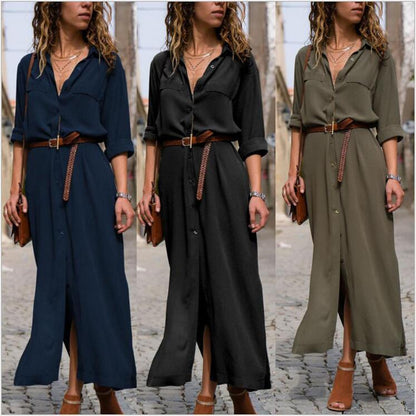 Robe Longue Femme à Manches Longues avec Ceinture