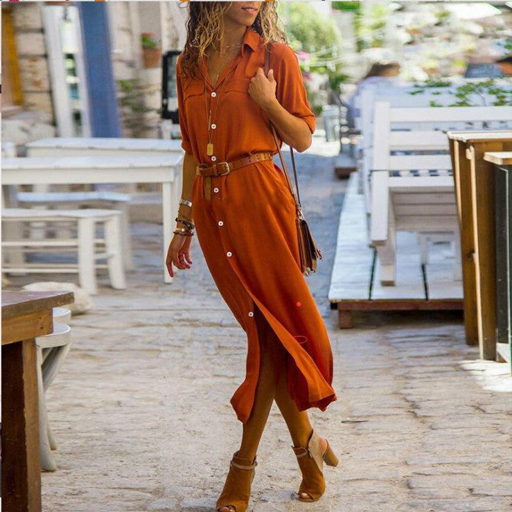 Robe Longue Femme à Manches Longues avec Ceinture