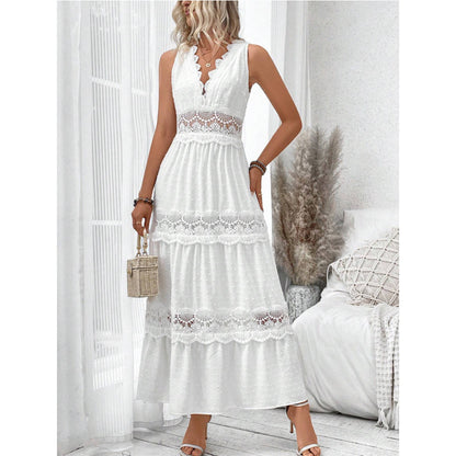 Robe Femme Sans Manches en Dentelle à Col en V