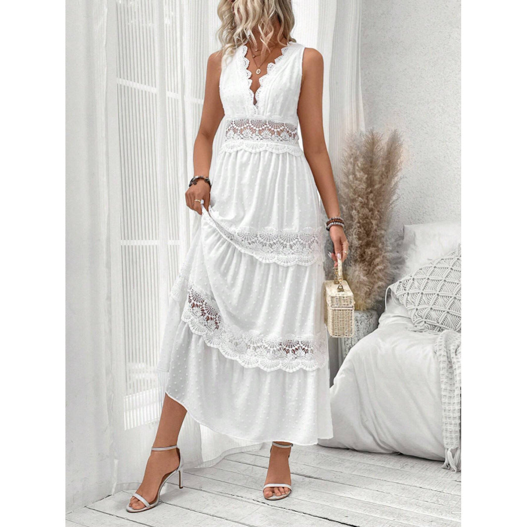 Robe Femme Sans Manches en Dentelle à Col en V