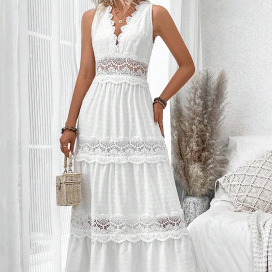Robe Femme Sans Manches en Dentelle à Col en V