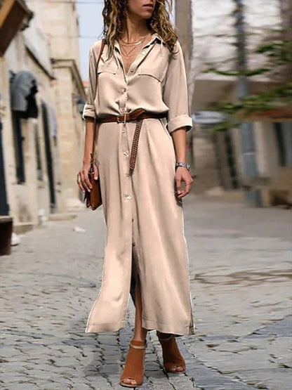 Robe Longue Femme à Manches Longues avec Ceinture