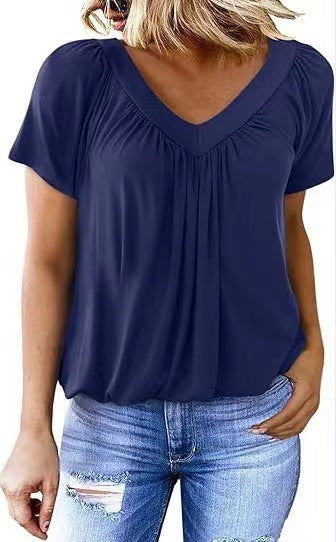 T-shirt  Uni à Col V  Simplicité & Style au Quotidien
