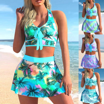 Maillot de bain deux pièces avec jupe intégrée et motif tropical