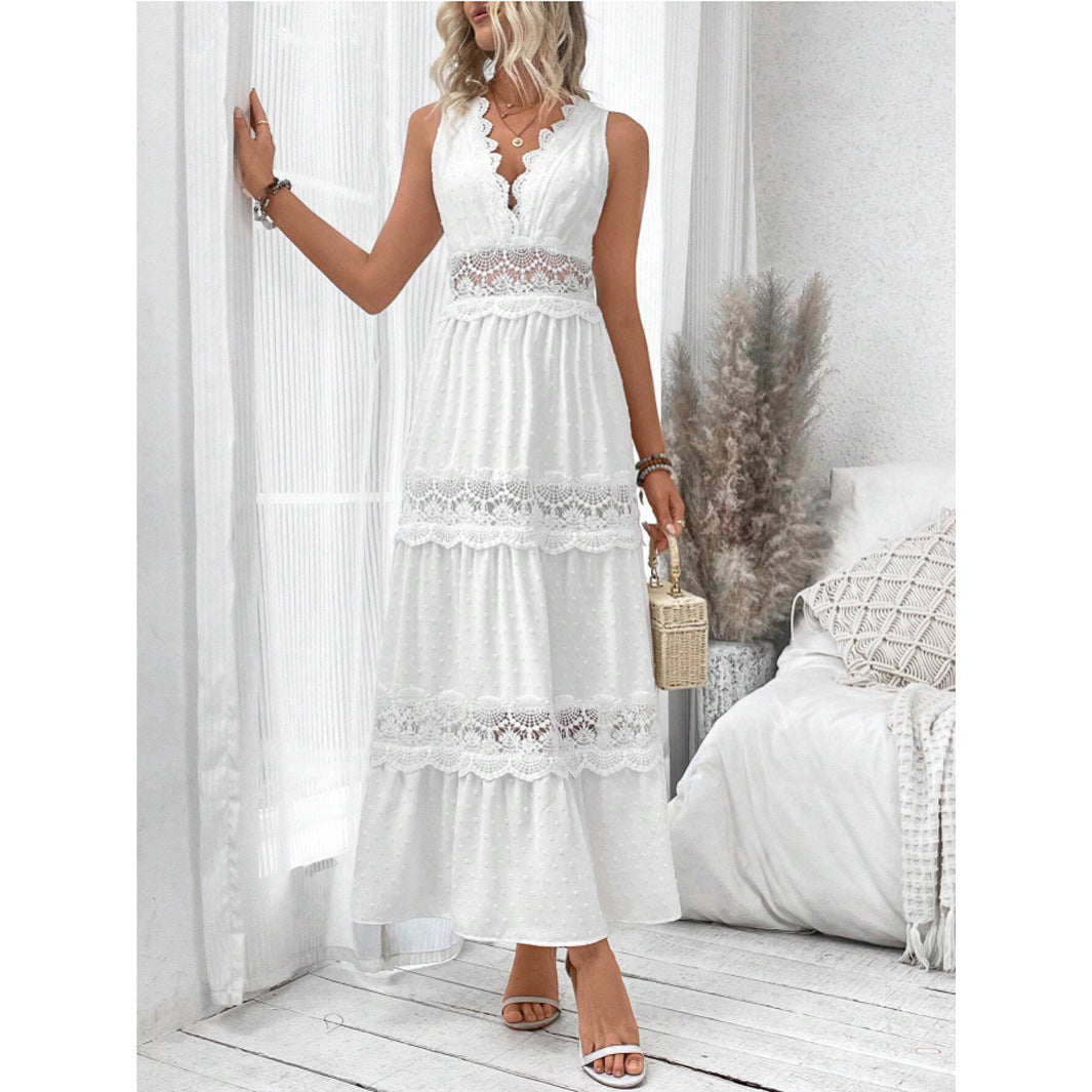 Robe Femme Sans Manches en Dentelle à Col en V