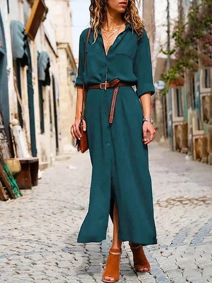 Robe Longue Femme à Manches Longues avec Ceinture