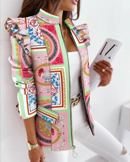 Veste élégante à motifs avec détails plissés aux épaules